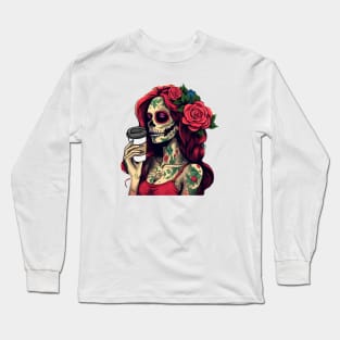 sugar skull coffee, coffee dia de los muertos Long Sleeve T-Shirt